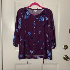 J Jill Women’s Top Eggplant Purple Floral Pattern Size XS Back Cinching